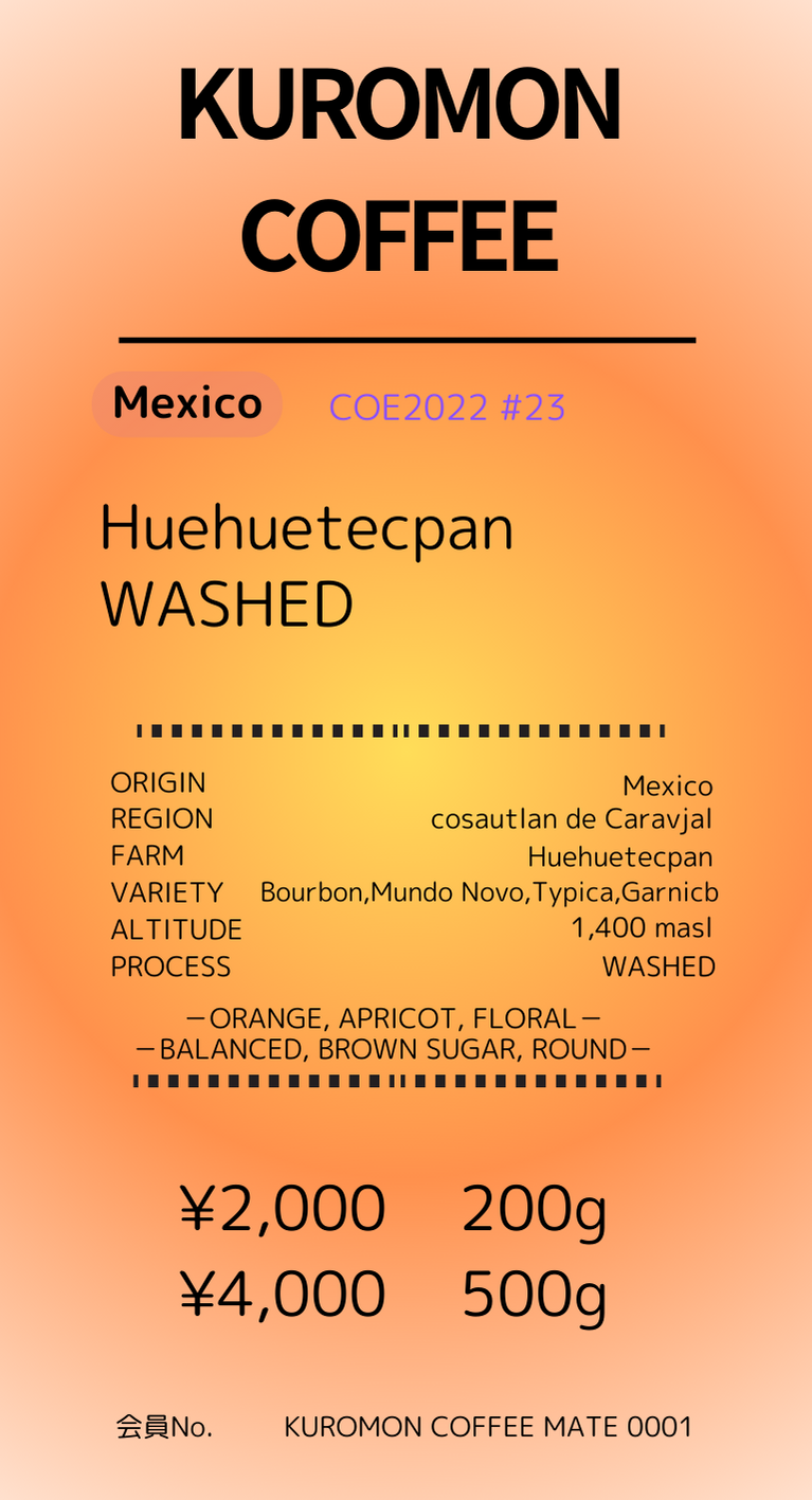 【Mexico】VERACRUZ HUEHUETECPAN WASHED   COE#23,2022
